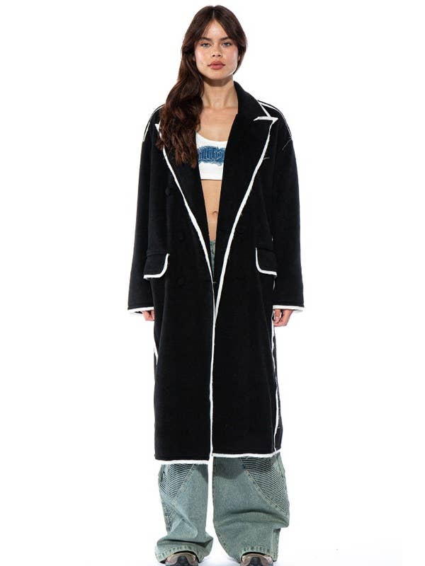 Black Oversized Contrast Stiched Wool-Like Coat for wholesale on Faire1