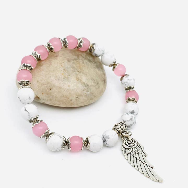 Mio Queena - Wholesale Beaded Bracelet - 8mm Natural Stone Elastic Bracelets Wing Pendant