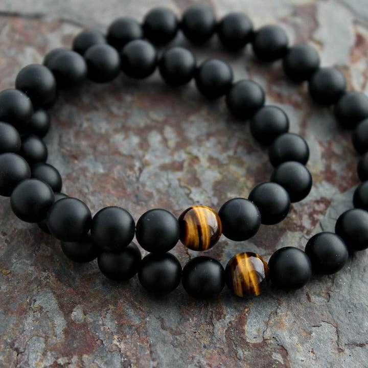 ManAndStone - Wholesale Beaded Bracelet - AAA Tigers Eye & Matte Black Onyx Mens Bracelet3