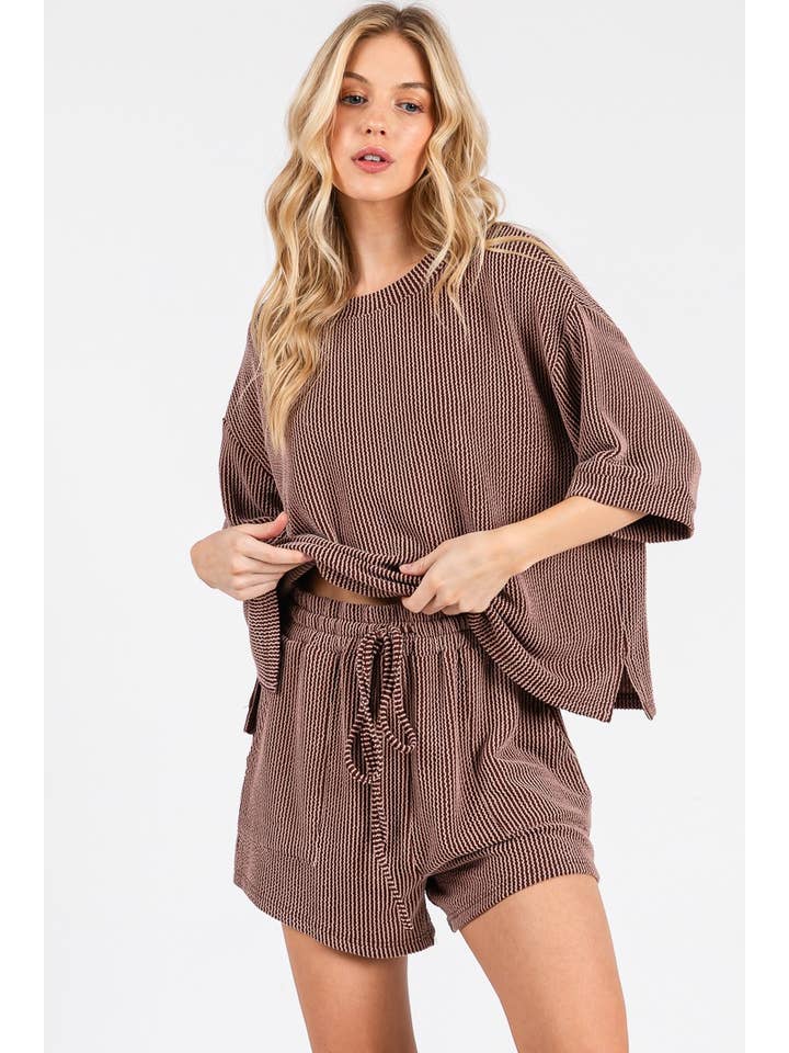 Sewn and Seen - Wholesale Lounge Set - Women's - RIBBED ROUND NECK TOP AND SHORTS SET35