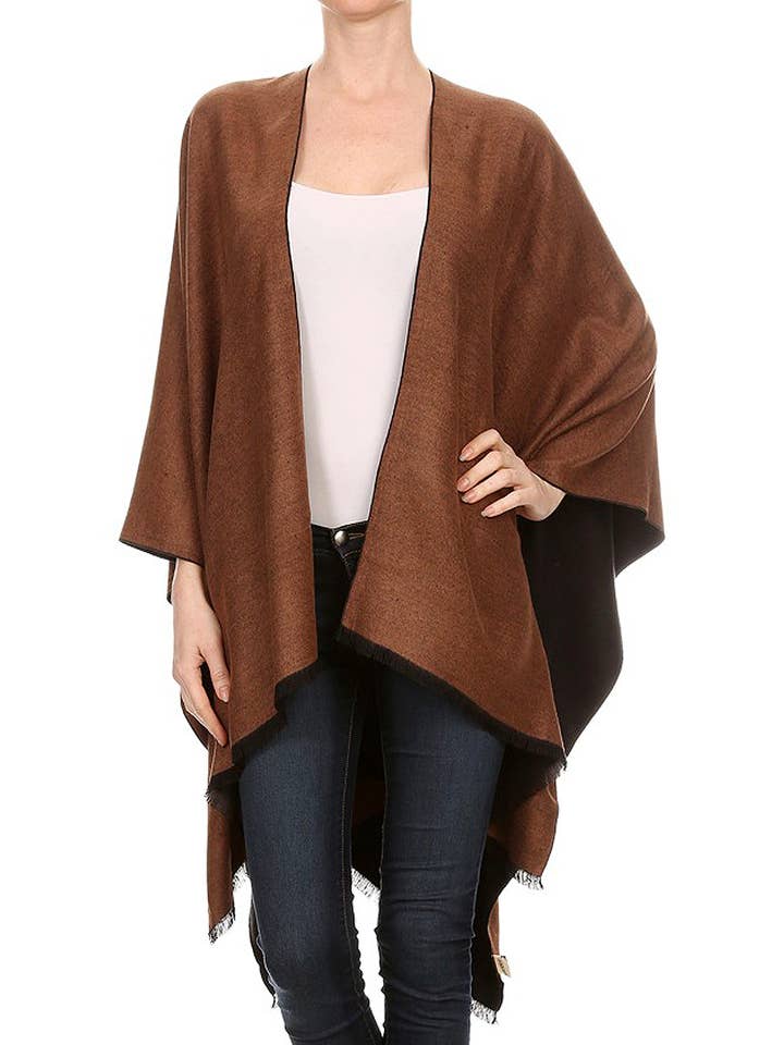 Cap Zone - Wholesale Poncho - Women's - Reversible Faux Cashmere Open Cape Poncho