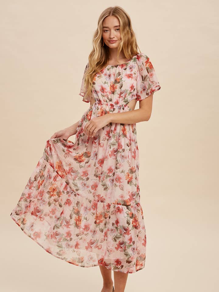 FLORAL MIDI DRESS WITH WAIST CUTOUTS for wholesale by In Loom