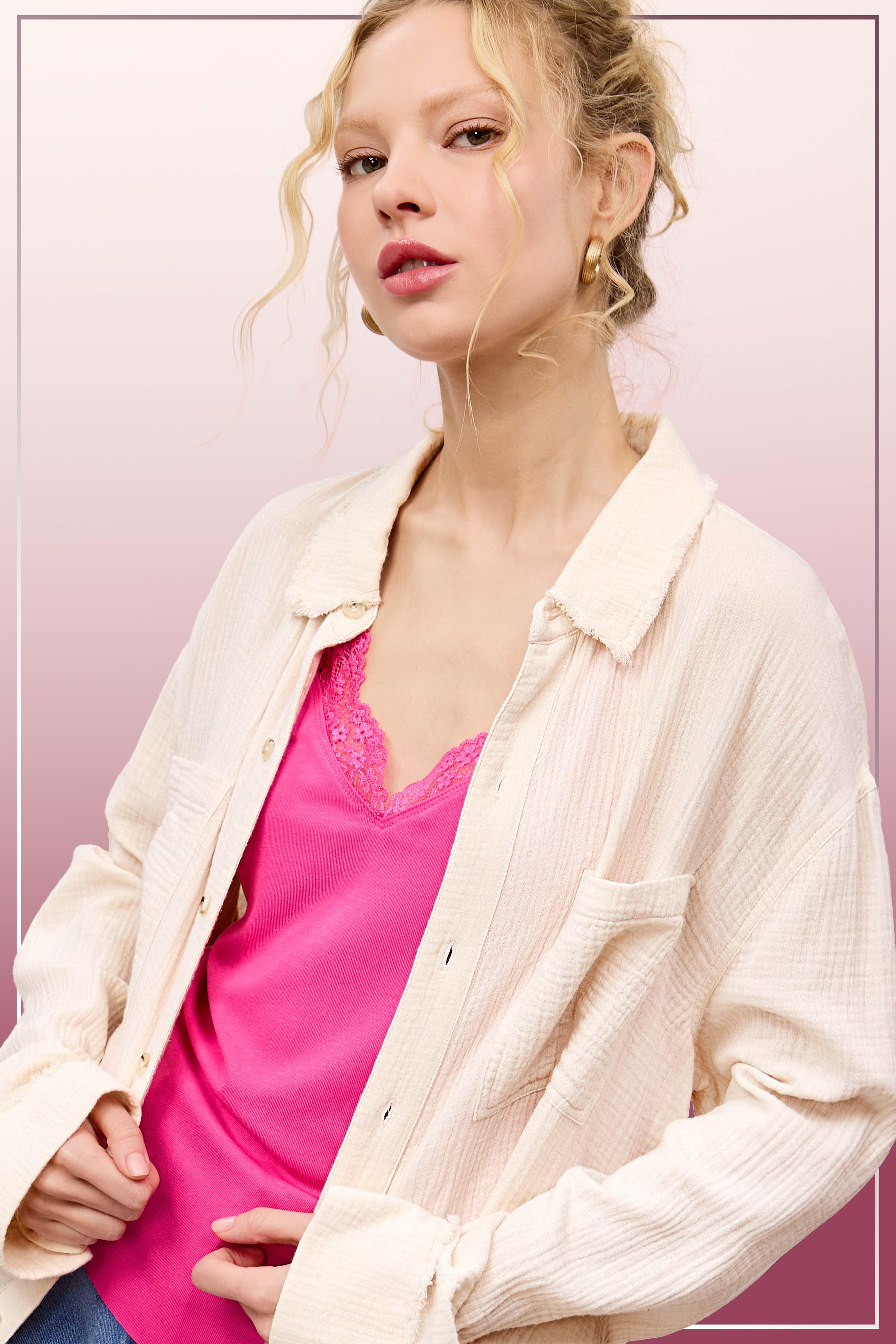 La Miel - Wholesale Button Down Shirt - Women's - SRT7448-Soft Washed Crinkled Gauze Button Down Shirts9