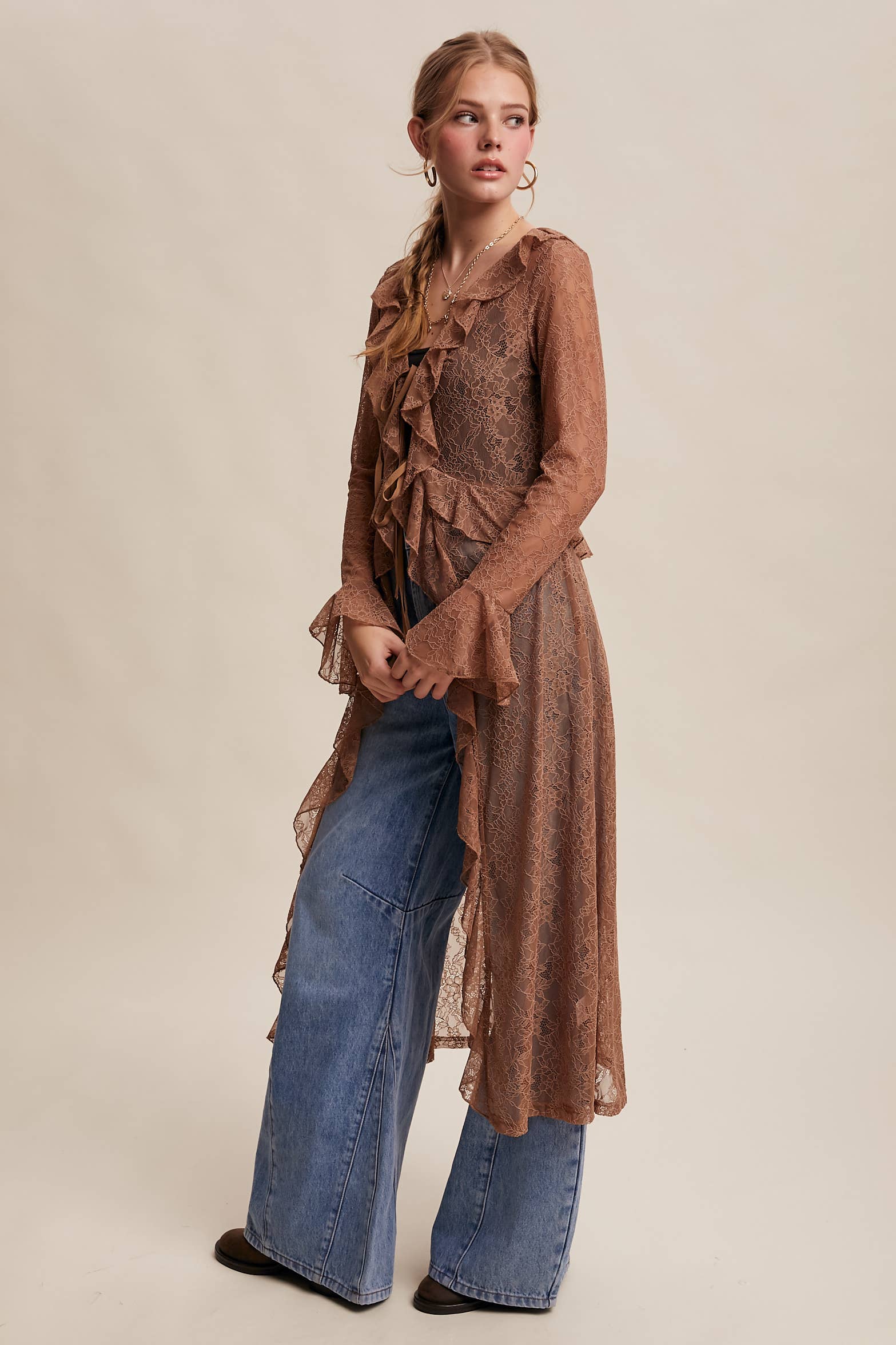 Listicle - Wholesale Kimono - Women's - Sheer Lace Ruffle Duster LJ025931