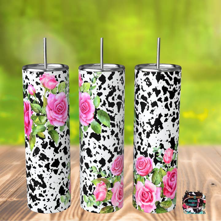 Pink Rose Cowprint Tumbler for wholesale by Rockin K and Double J