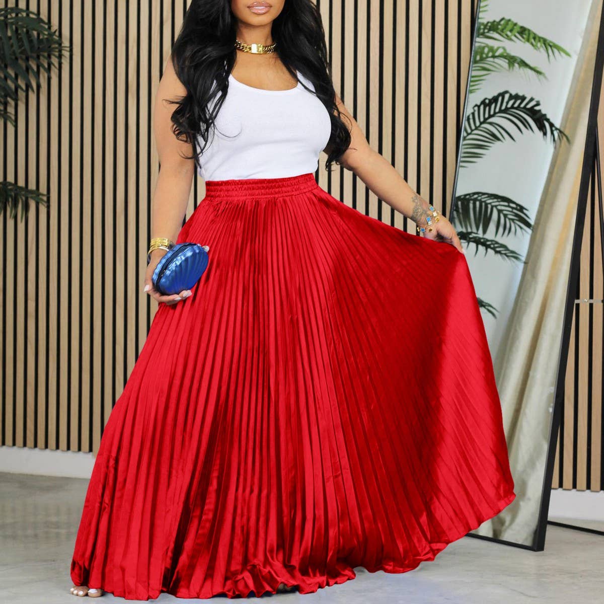 ACCITY - Wholesale Dress - Women's - PLUS SIZE MID-HIGH WAIST PLEATED LONG SKIRT_CWDMD36767