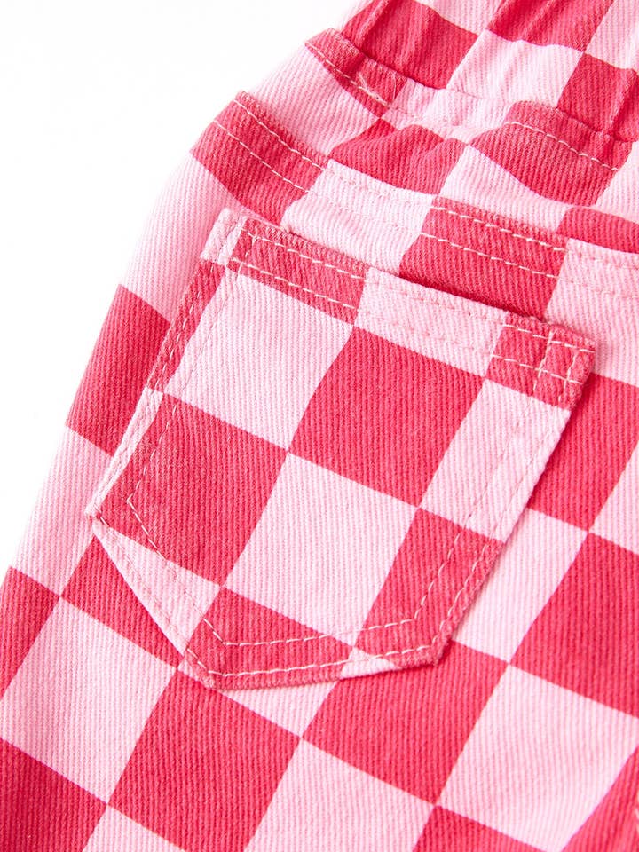 Rylee Faith Designs – wholesale Jeans - Barn – Flickor Rosa Rutigt Tryck Elastiska Utsvängda Byxor Jeans