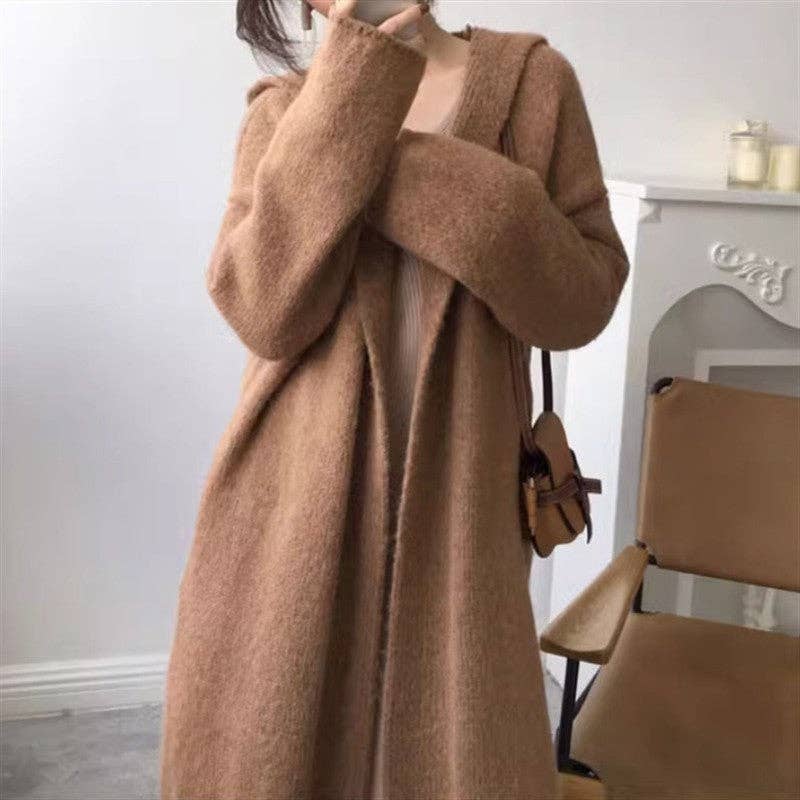 FurDecoration - Venta al por mayor Cárdigan - Mujer - Cárdigan de punto de color liso con capucha por encima de la rodilla1