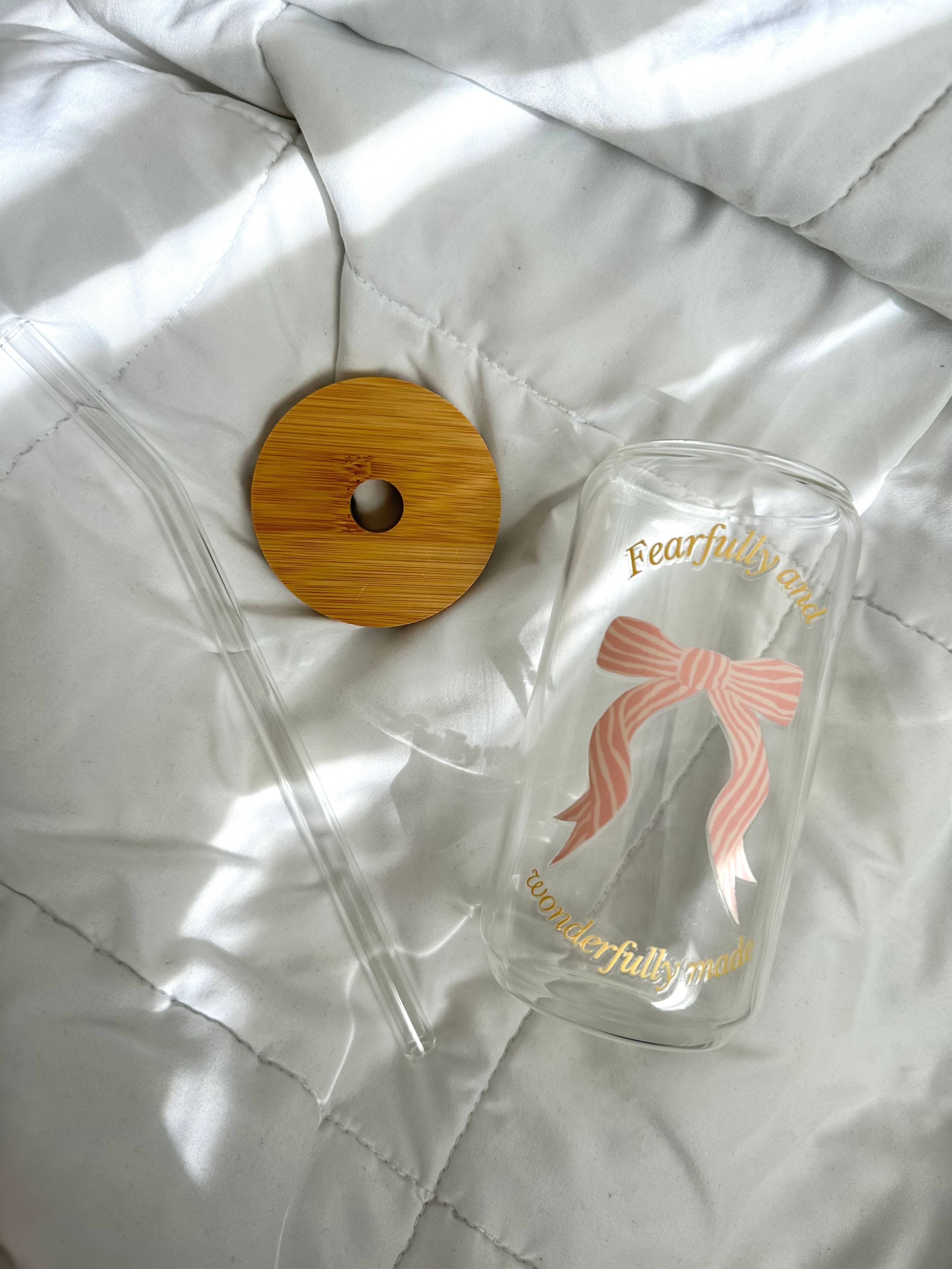 Grow in Grace - Wholesale Drinking Glass/Cup - Fearfully and Wonderfully made bow Christian glass cup3