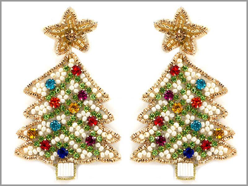 What's Hot - Wholesale Dangle Earrings - White with Color Rhinestone Accents Seed Bead Christmas Tree 2.5" Earring