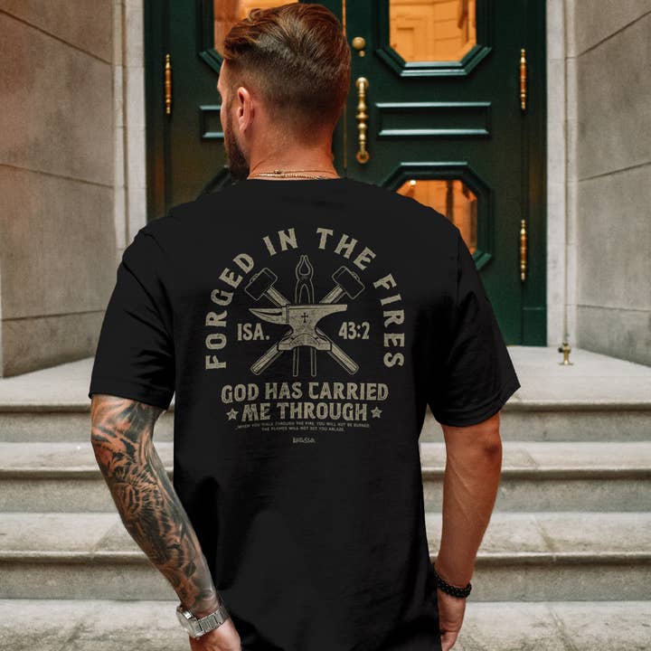 Black Kerusso Christian T-Shirt Forged In Fires for wholesale on Faire