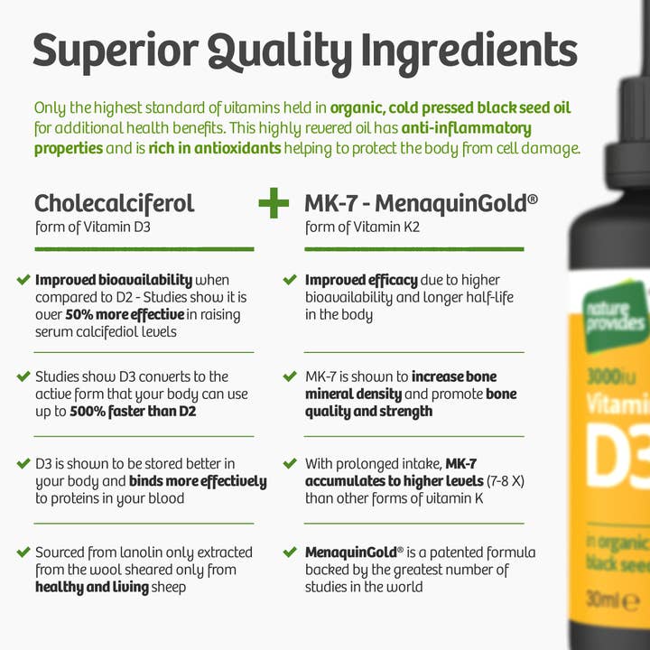 Nature Provides - Wholesale Oral Supplement/Vitamin - Liquid Vitamin D3 (3000IU) & K2 (MK-7, 100% trans)