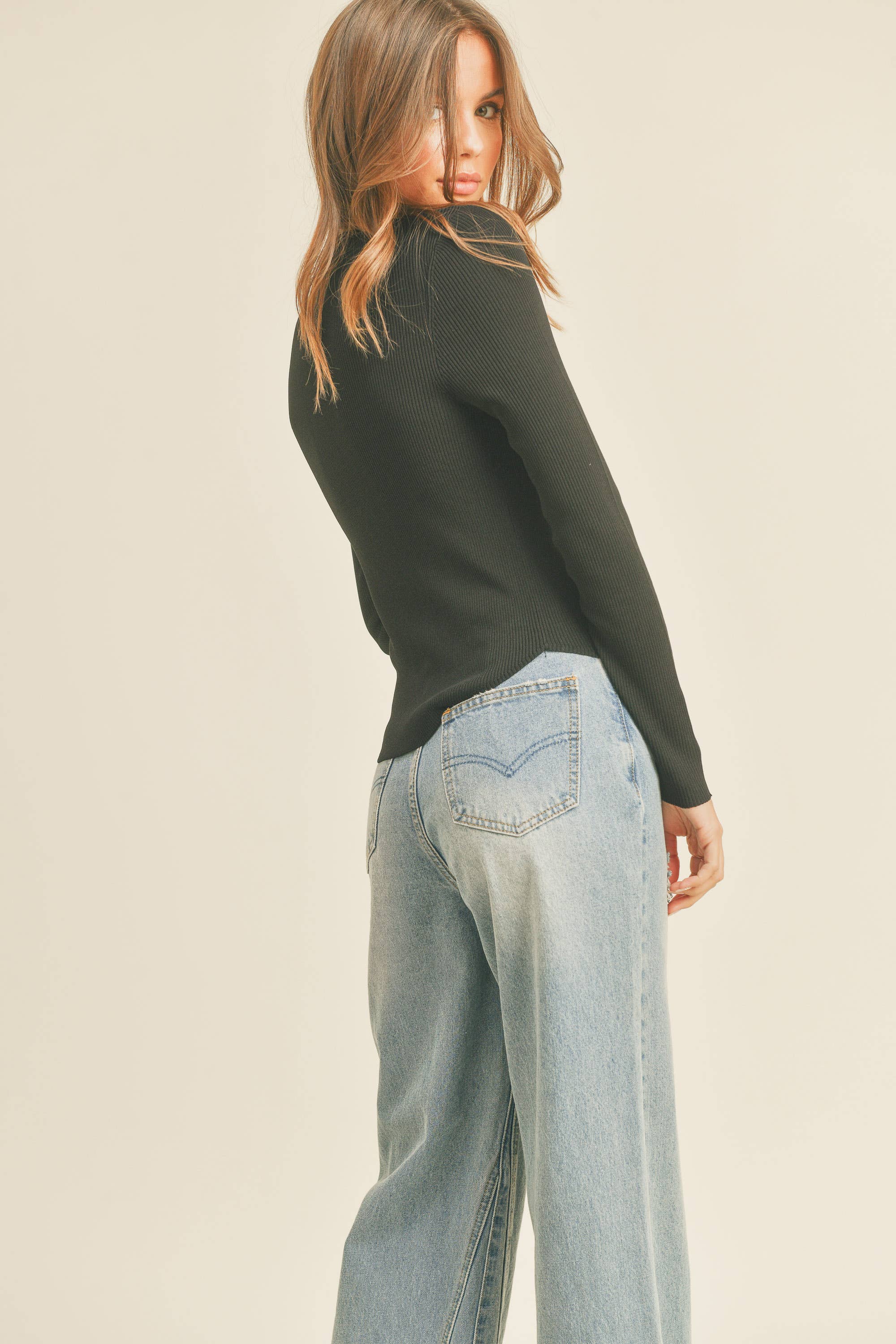 Noir T2528 HAUT BASIQUE À MANCHES LONGUES CÔTELÉ en vente sur Faire4