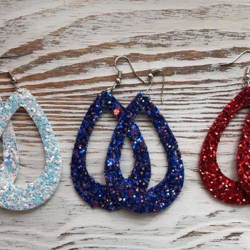 Red, White and Blue Glitter Open Teardrop Earrings 4th of Ju for wholesale by Kate Tuesday Jewelry