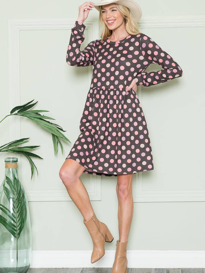 Cross Back Polka Dot Dress with Pockets-2 COLORS for wholesale by Orange Farm Clothing