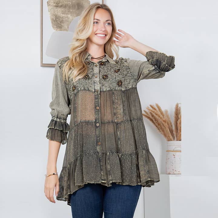 Young Threads - Wholesale Button Down Shirt - Women's - Women’s Mexican Embroidery Blouse - Gathered Waist Shirt
