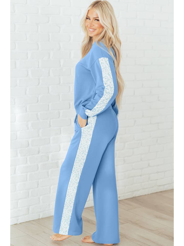 Beau Blue Floral Patchwork Pullover and Sweatpants Lounge Set for wholesale on Faire2