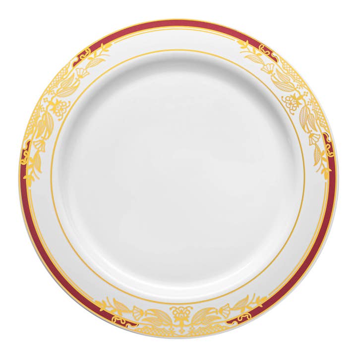10.25" White Burgundy Gold Plastic Dinner Plate - 120 pcs for wholesale by Smarty had a Party