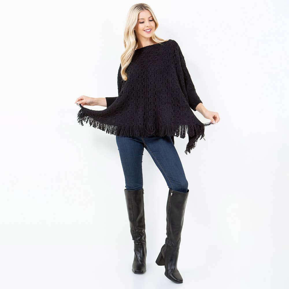 Sensibling Corp. - Wholesale Poncho - Women's - Boho Fringe Hem Crochet Knit Poncho5