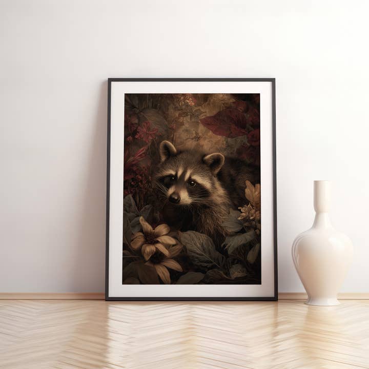 IuliiaArtPrints - Wholesale Art Print - Dark Academia Raccoon Print – Woodland Animal & Fall Florals6