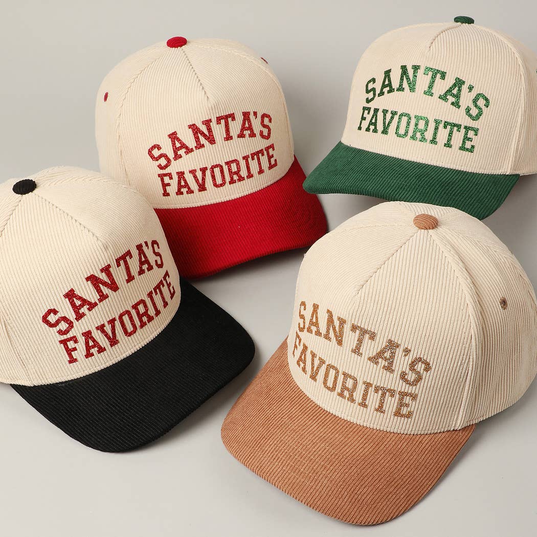 Fashion City - Wholesale Baseball Cap - Unisex - Santa's Favorite Glitter Text 5 Panel Corduroy Cap24