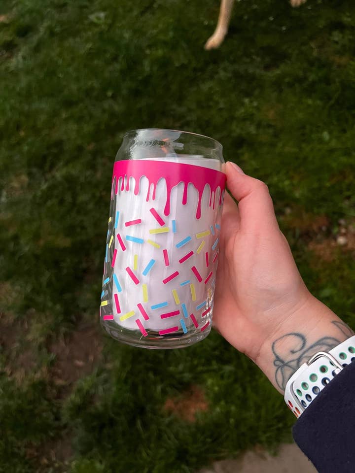 Donut Drip with Sprinkles Full Wrap Libbey Can Glass for wholesale by The Crazy Craft Girl LLC