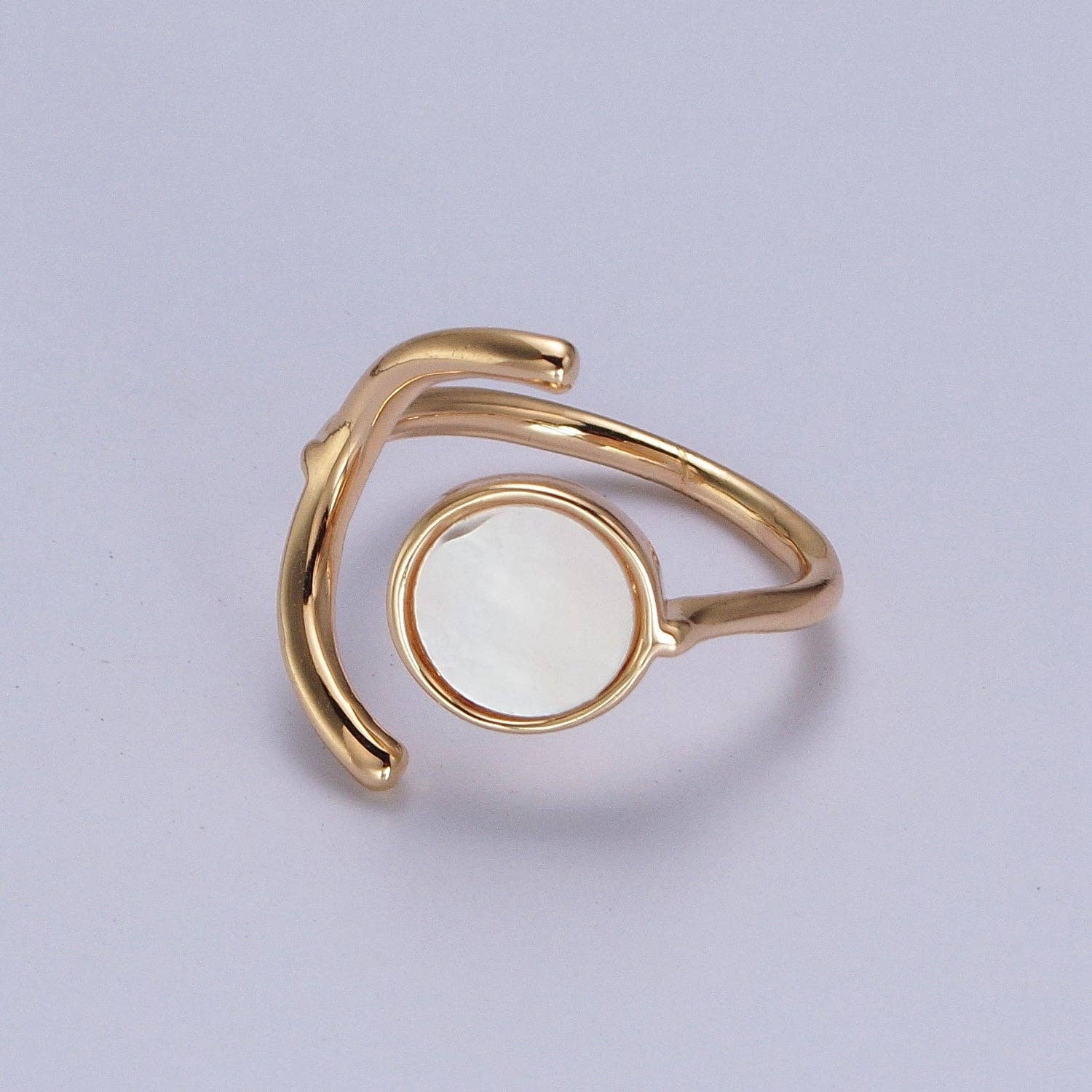 Aim Eternal - Wholesale Single Stone/Solitaire Ring - Geometric Crescent Round Shell Pearl Adjustable Gold Ring