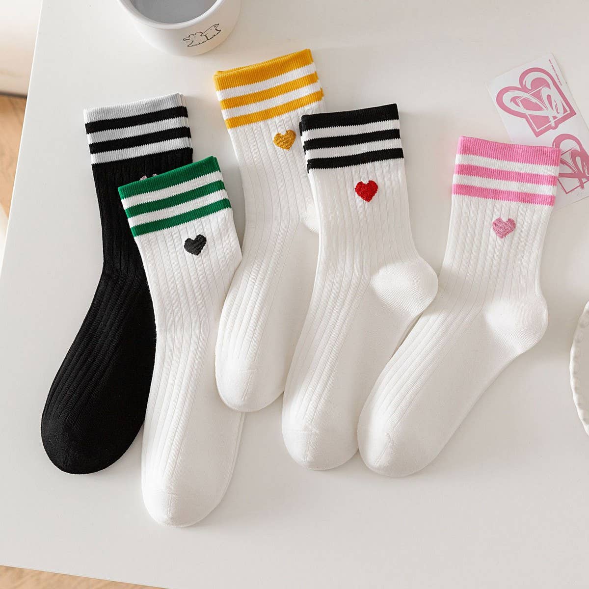 ACCITY - Wholesale Socks - Women's - College Style Heart, Two Stripes Print Crew Socks_CWMS090010