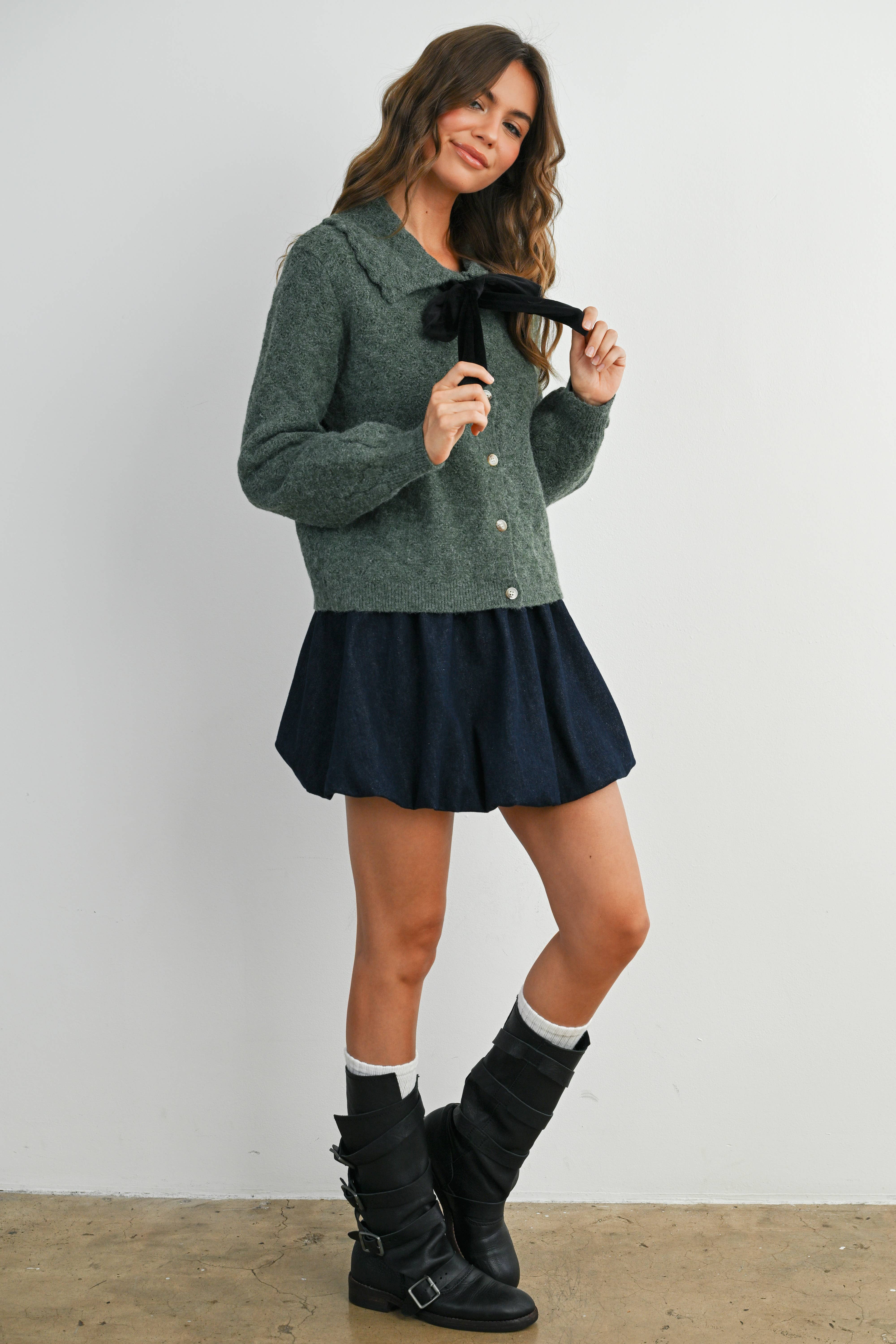 BUTTERMELON - Wholesale Cardigan - Women's - Button-Up Bow Front Collared Long Sleeve Top - BMC777615
