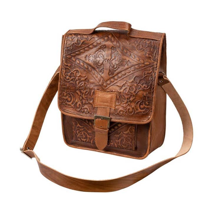 Leren tas met reliëf en handvat | Bruin voor wholesale door Jerusalem Sandals