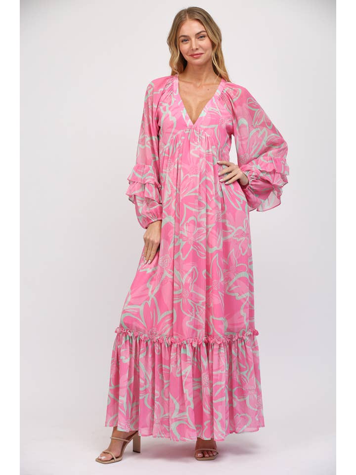 PINK MULTI DEEP V-NECK WITH RUFFLED LONG SLEEVE MAXI DRESS FD31036 for wholesale on Faire