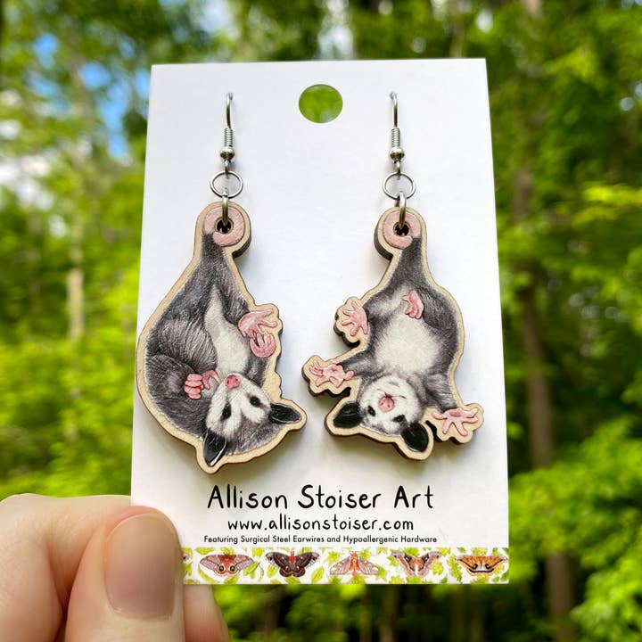 Allison Stoiser Art - Wholesale Dangle Earrings - Wooden Baby Opossum Earrings (Sustainably Sourced)