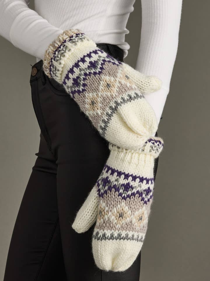 White, Purple & Taupe Patterned Mittens for wholesale by Panache Apparel Co.