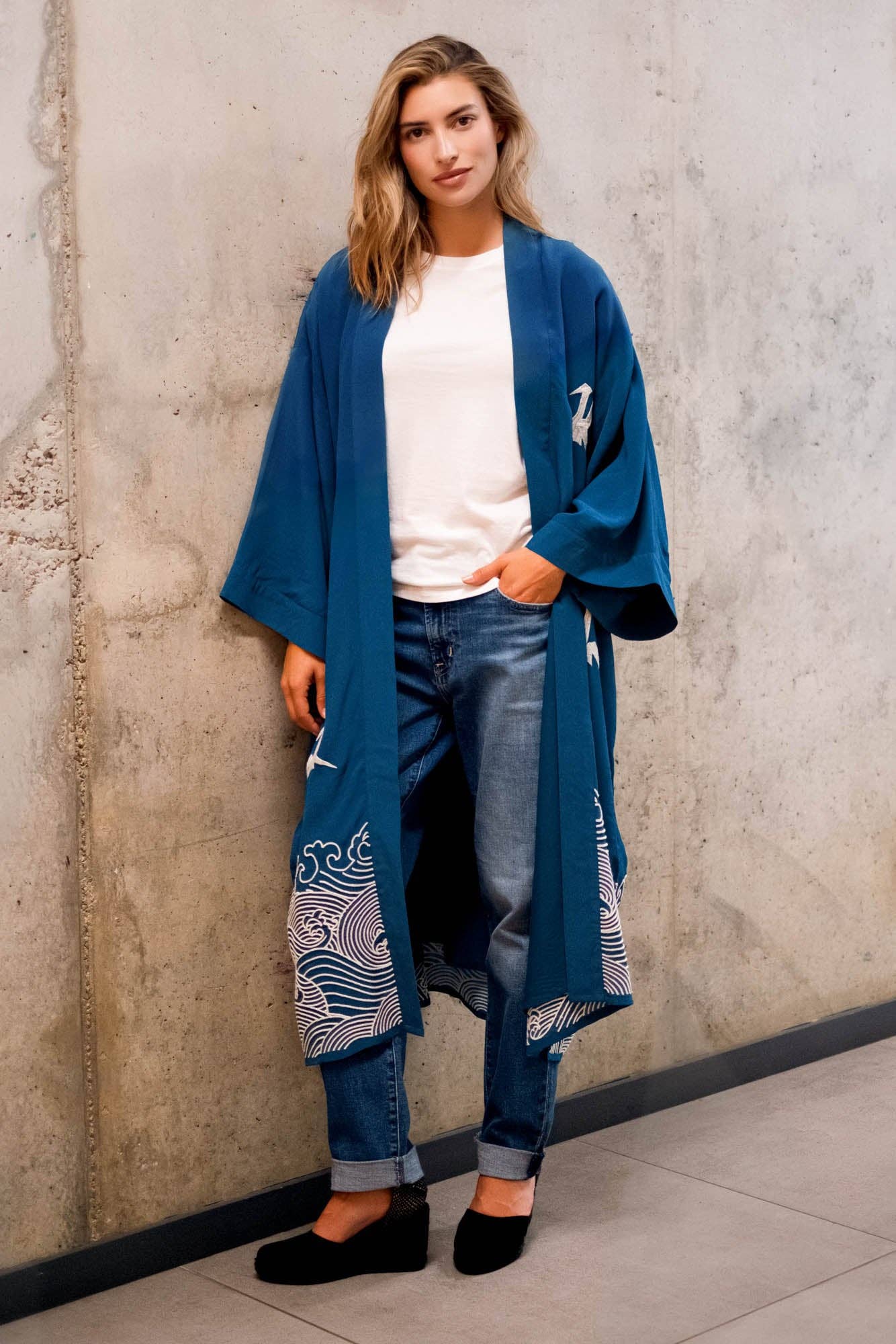 Artemis Muse – wholesale Kimono – Women's – Origami & Hokusai Wave Embroidered Fully Lined Deep Teal Long Kimono7