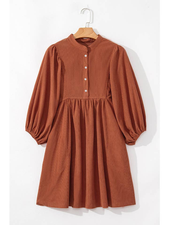 PRETTY BASH - Wholesale Dress - Women's - Solid Corduroy 3/4 Sleeve Snap Button Dress12