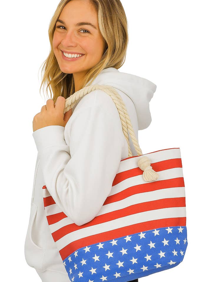Bold American Flag Rope Handle Canvas Tote Bag for wholesale by Cap Zone