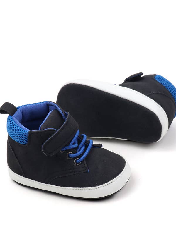 Black & blue Pleather baby shoes w/ velcro. MY3192-B for wholesale by Kids Charm Online
