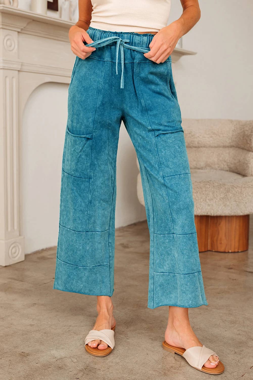 FULL TIME PURCHASE - Wholesale Pants - Women's - Mineral Wash Lace-up High Waist Raw Hem Patched Pocket Pants