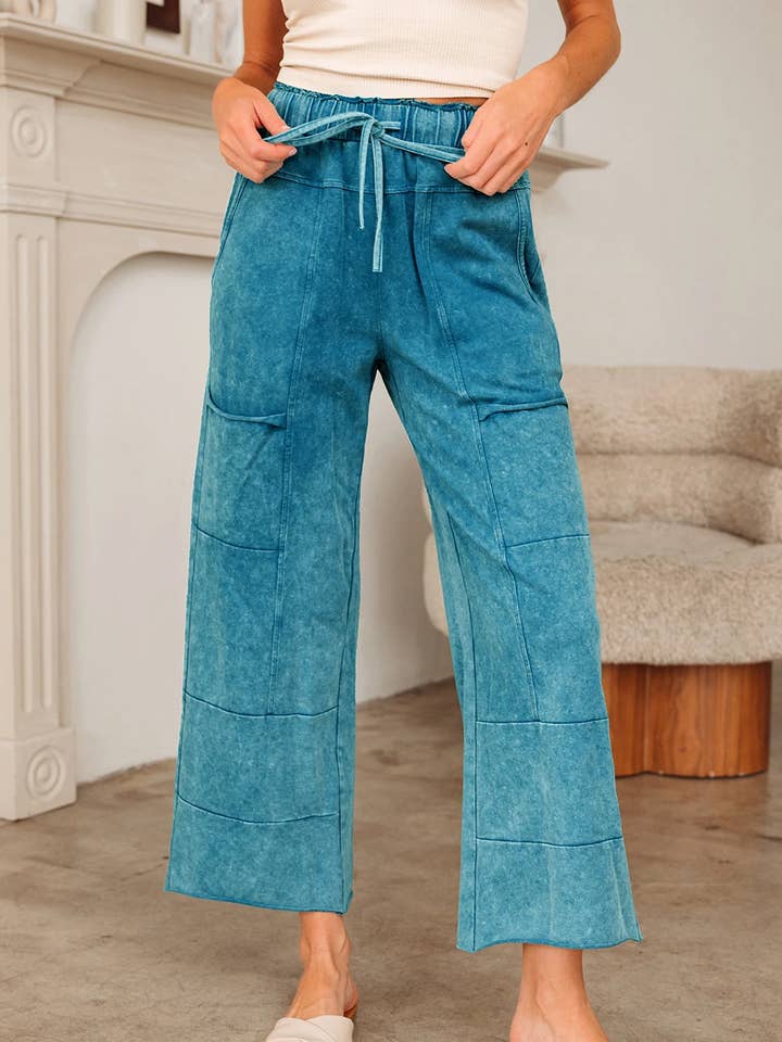 FULL TIME PURCHASE - Wholesale Pants - Women's - Mineral Wash Lace-up High Waist Raw Hem Patched Pocket Pants0