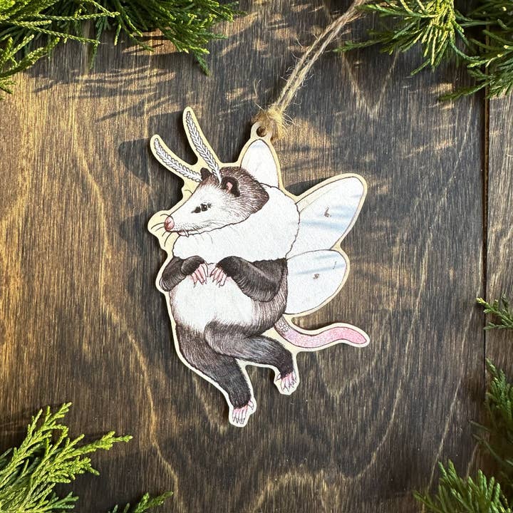 Tiger Moth Opossum Wood Print Christmas Ornament for wholesale by Allison Stoiser Art
