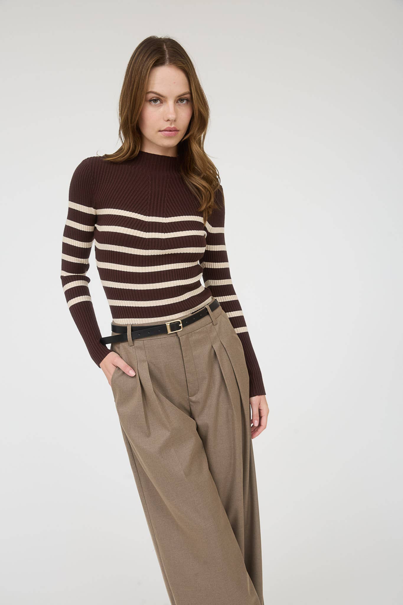 The Workshop Studio - Wholesale Knit Sweater - Women's - MOCK NECK STRIPE LONG SLEEVE SWEATER KNIT PULLOVER14
