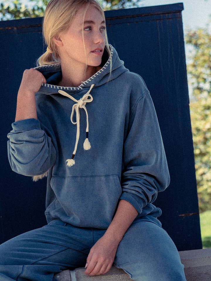 Vintage-Wash Crochet Trim Hooded Sweatshirt for wholesale by Urban Daizy