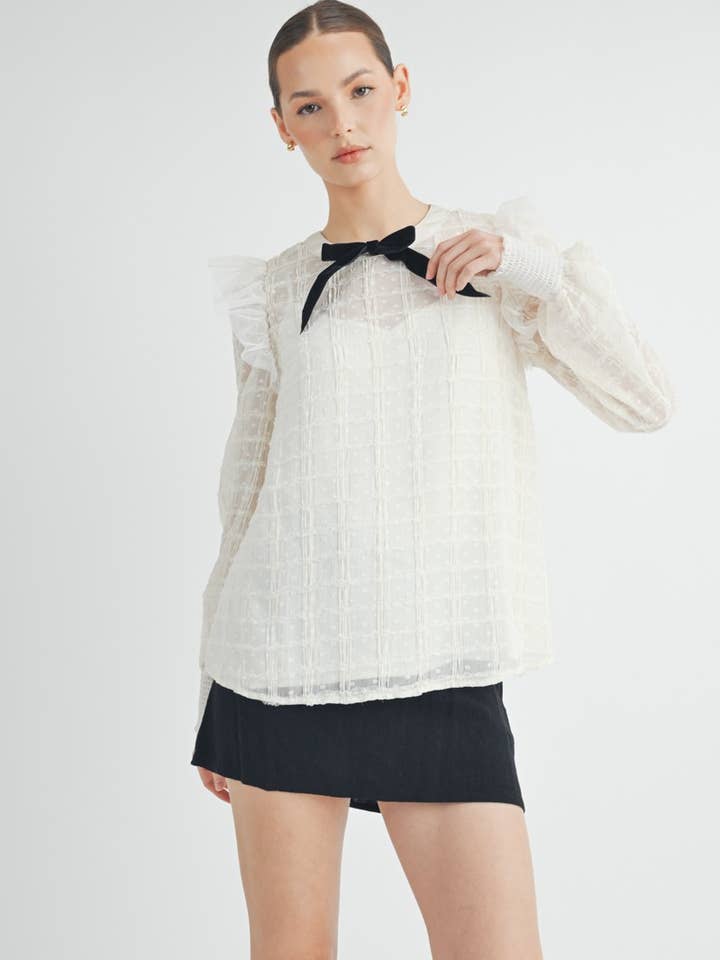 Textured Sheer Long Sleeve Blouse with Tulle Ruffle and Rib1 for wholesale by AIBLEE