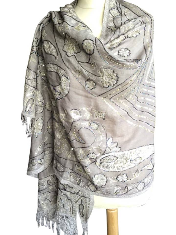 Scialle in Pura Lana Grigia e Beige Impreziosita Paisley per la vendita all'ingrosso da parte di Memsahib Collections
