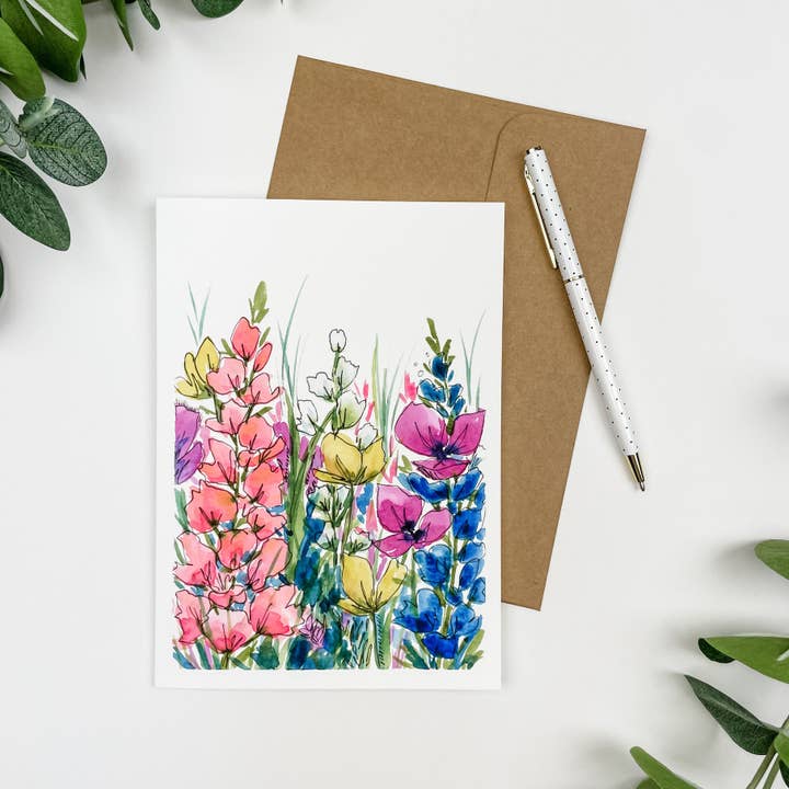 "Bright Wildflowers 1" Greeting Card 5x7" for wholesale by Shelly Cluff Art