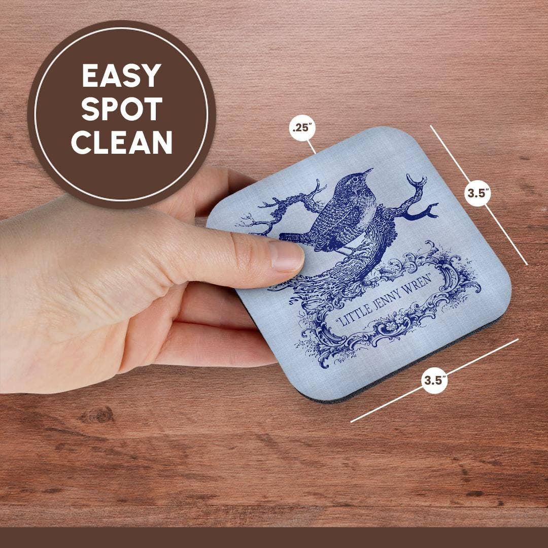3dRose - Wholesale Coasters - 3dRose, Little Jenny Wren- pretty little bird and cartouche in blue, Coaster13