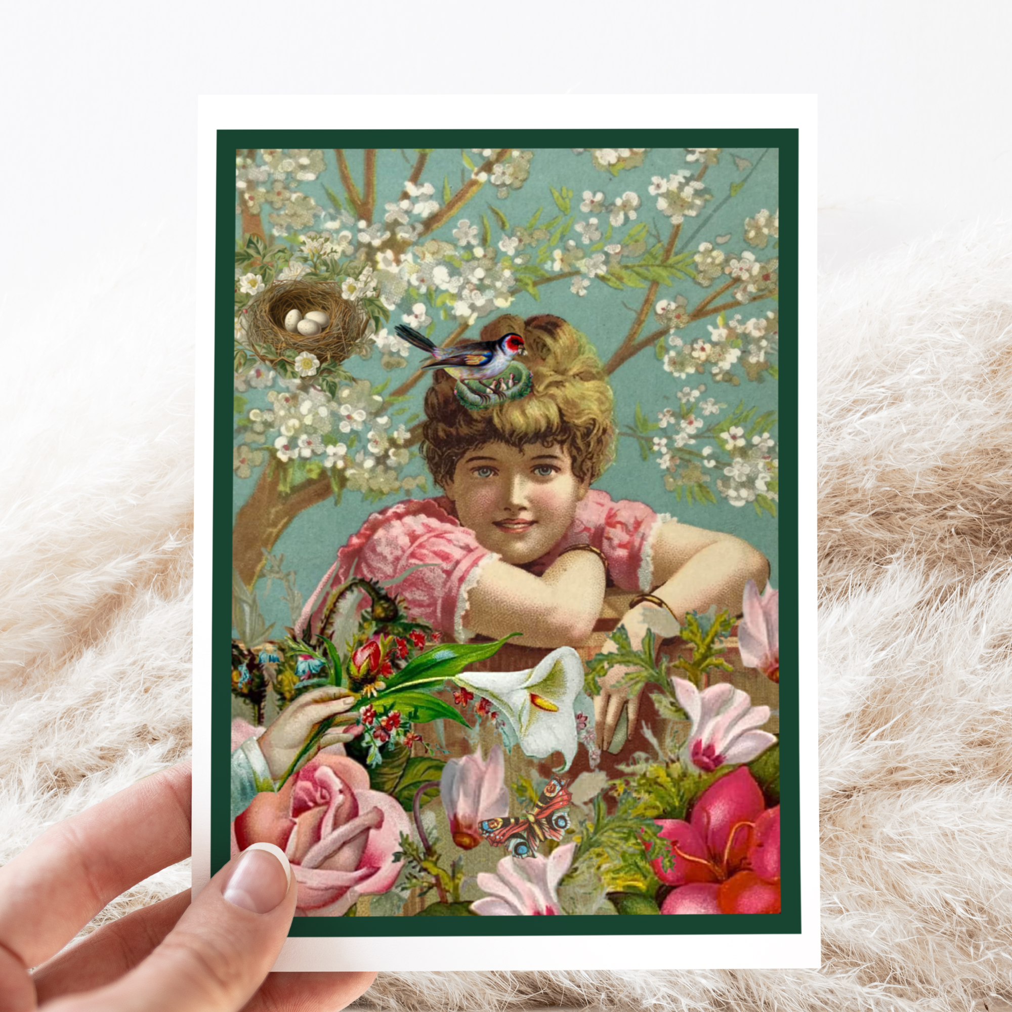 Cheerful Whimsies – wholesale Vardagliga hälsningskort – Gratulationskort. Vintage tjejblommor Fåglar.1