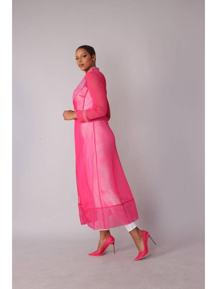 FUCHSIA SILVER Pink Rhinestone Mesh Duster Jacket - 82213 for wholesale on Faire2