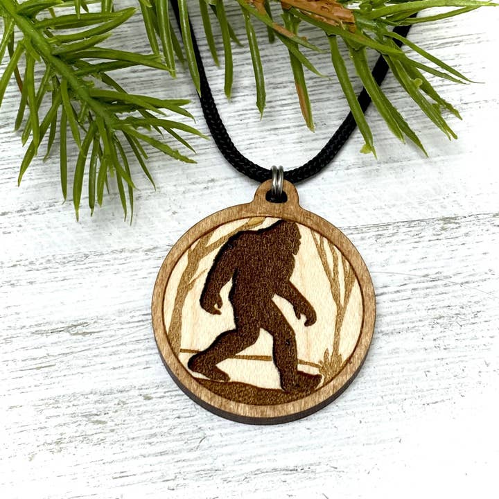 Bigfoot in Woods Pendant wooden engraved for wholesale by Be Inspired UP