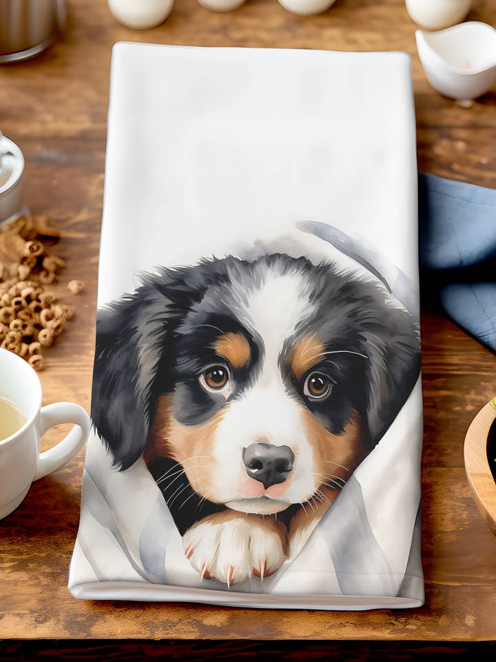 Bubba - Süßer Welpe in Decke - Einzigartiges Hundegeschirrtuch für den Großhandel von Homemade Hollydays Wholesale